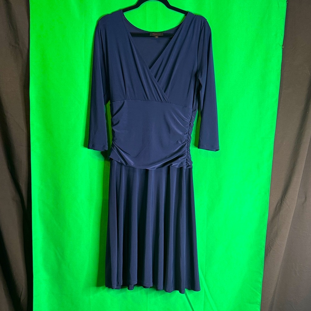 NWT Rekucci women’s slimming 3/4 sleeve crossover dress size 10 navy blue